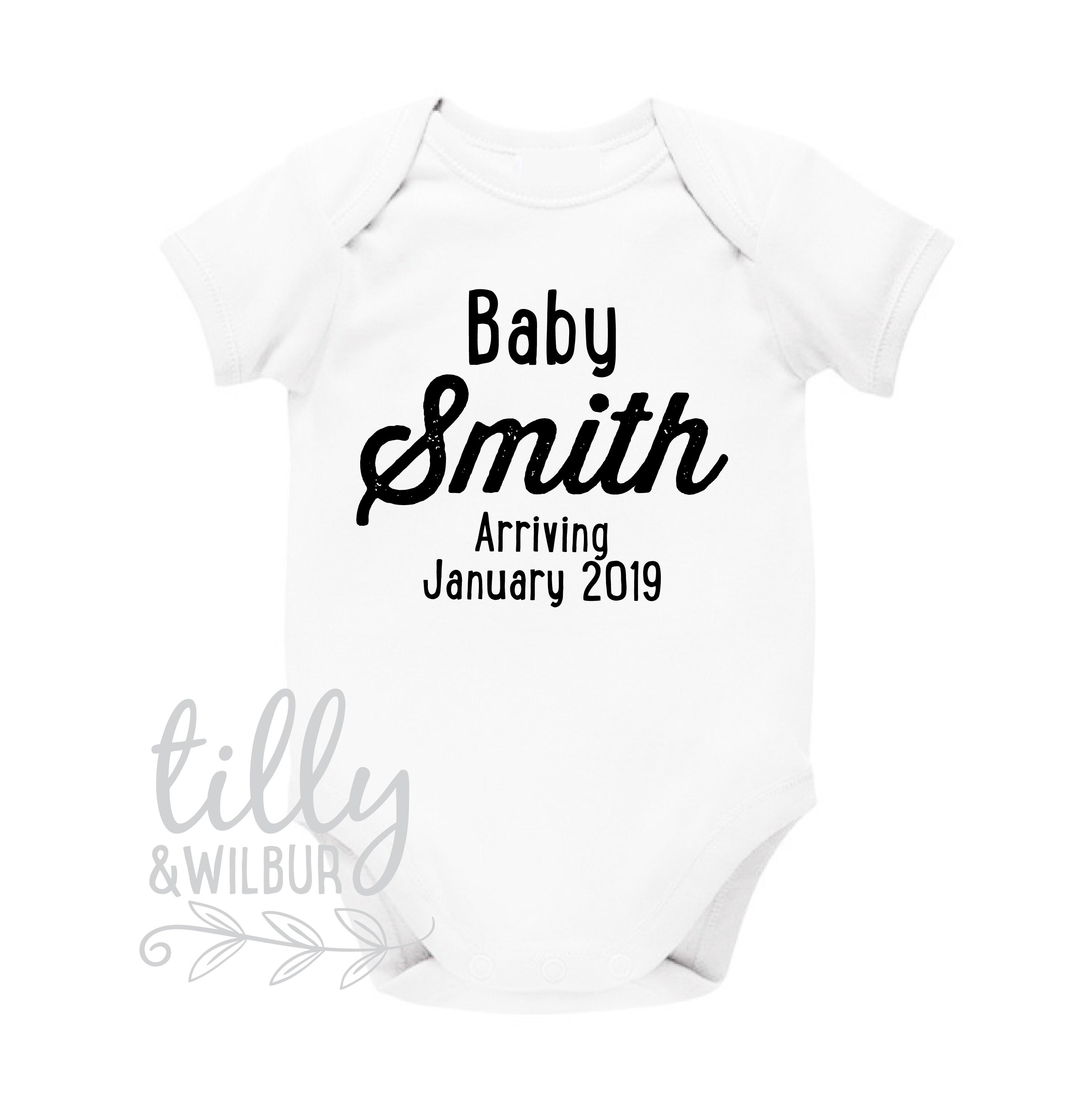 Surname /& Date Reveal Romper Personalised Pregnancy Announcement Baby Bodysuit