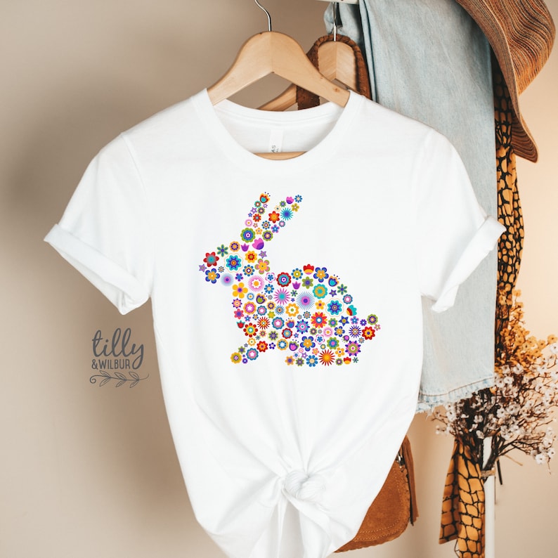 Easter T-Shirt For Women, Floral Retro Bunny Rabbit Print, Easter Bunny Shirt, Easter Egg Hunt, Easter Gift, Women's Easter T-Shirt Gift image 1