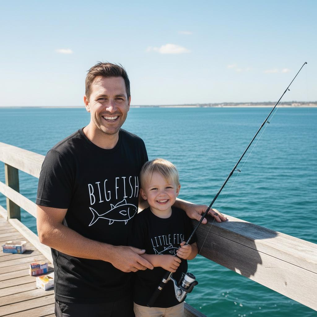 dad helps son reel in fish Cool Fishing Gift Father's Day Fisherman SVG PNG Files creativeusarts Big Fish Little Fish Matching