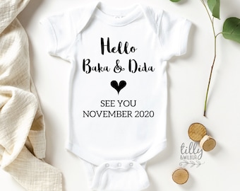 Hello Baka & Dida Baby Bodysuit With Arrival Date, Personalised Pregnancy Announcement, Reveal, Surprise, You're Going To Be Grandparents