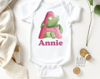 A Is For Alligator Personalised Bodysuit For Girls, Personalised Newborn Gift For Baby Girl, Personalised New Baby Gift, New Baby Girl Gift