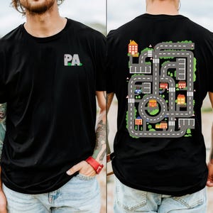T-shirt pa's autobaan, print op voor- en achterkant, auto's op pa's rug, grappig vaderdagcadeau, race-vader, monteur, T-shirt rugmassage
