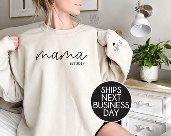 Mama Sweatshirt With Date And Cursive Name On Sleeve, Mama Est Sweatshirt, Mothers Day Gift, Personalised Mum Gift, Mum Life Jumper