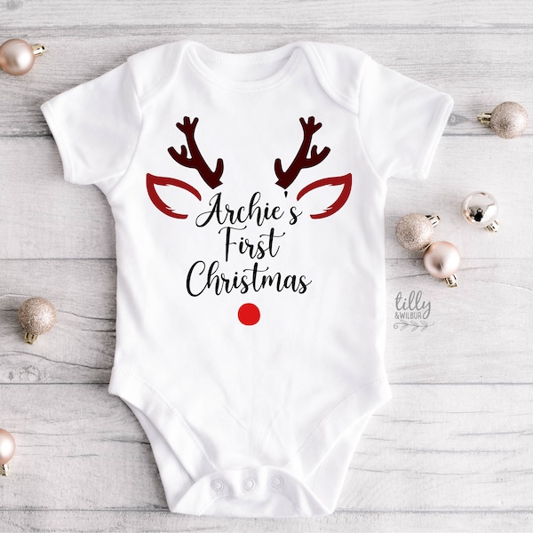 Personalised 1st Christmas Outfit With Baby's Name, First Xmas Baby Bodysuit, Unisex Baby Clothes, Personalised New Baby's First Christmas