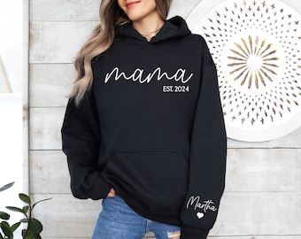 Mama Hoodie With Name On Sleeve, Mama Est Sweatshirt, Mothers Day Gift, Personalised Mum Gift, Mum Life Jumper, New Mum Hoody, Custom Mama