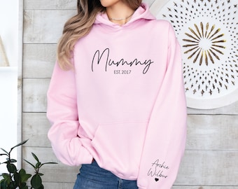 Mummy Hoodie With Name On Sleeve, Mama Est Sweatshirt, Mothers Day Gift, Personalised Mum Gift, Mum Life Jumper, New Mum Hoody, Custom Mama