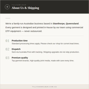 May include: An informational graphic with a dark header labeled Tilly & Wilbur About Us & Shipping. The text details a family-run Australian business in Stanthorpe, Queensland, using commercial DTF equipment for garment printing and production.