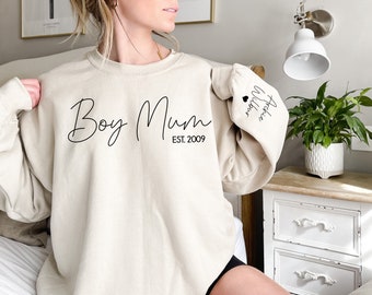 Boy Mum Jumper With Date And Name On Sleeve, Boy Mum Est Sweatshirt, Mothers Day Gift, Personalised Mum Gift, Mum Life Jumper, New Mum Gift