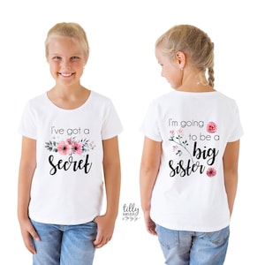Ich habe ein Geheimnis, ich werde ein Big Sister T-Shirt für Mädchen, Vorder- und Rückendesign, Big Sister Shirt, Schwangerschaftansage, Big Sis