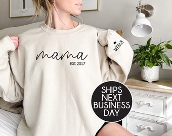 Mama Sweatshirt With Date And Block Name On Sleeve, Mama Est Sweatshirt, Mothers Day Gift, Personalised Mum Gift, Mum Life Jumper, New Mum