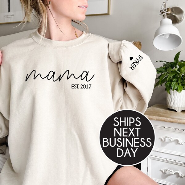 Mama Sweatshirt With Date And Block Name On Sleeve, Mama Est Sweatshirt, Mothers Day Gift, Personalised Mum Gift, Mum Life Jumper, New Mum