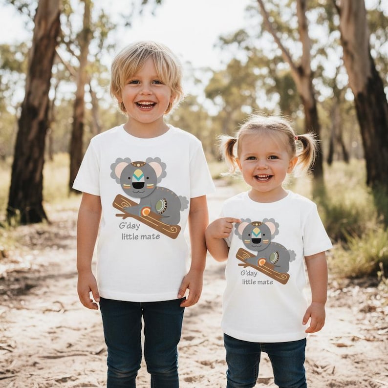 Tilly&Wilbur white regular fit kids' t-shirt with a folk-art style koala on a branch and the words "G'day little mate".