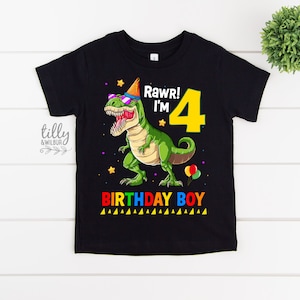 Camiseta de aniversário de dinossauro, Rawr, tenho 4 anos, camiseta de feliz aniversário de dinossauro, camiseta de aniversário de dinossauro para meninos, presente de aniversário com tema de dinossauro