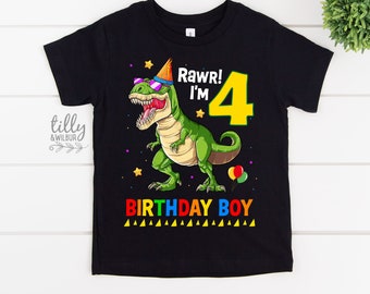 May include: Black t-shirt with a green dinosaur wearing sunglasses and a party hat. The dinosaur is holding a number 4 and the text "Rawr! I'm 4 Birthday Boy" is printed on the shirt.