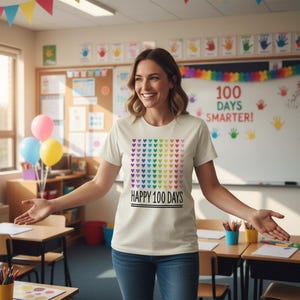 May include: A cream-coloured short-sleeve t-shirt featuring a grid of small, multi-coloured hearts arranged in vertical stripes. Below the heart pattern, the text reads "HAPPY 100 DAYS" in a bold, black, sans-serif font, underlined by two horizontal lines.