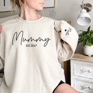 Mummy Sweatshirt With Date And Name On Sleeve, Mama Est Sweatshirt, Mothers Day Gift, Personalised Mum Gift, Mum Life Jumper, New Mum Gift image 1