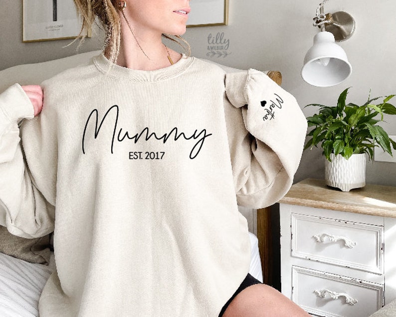 Mummy Sweatshirt With Date And Name On Sleeve, Mama Est Sweatshirt, Mothers Day Gift, Personalised Mum Gift, Mum Life Jumper, New Mum Gift image 1