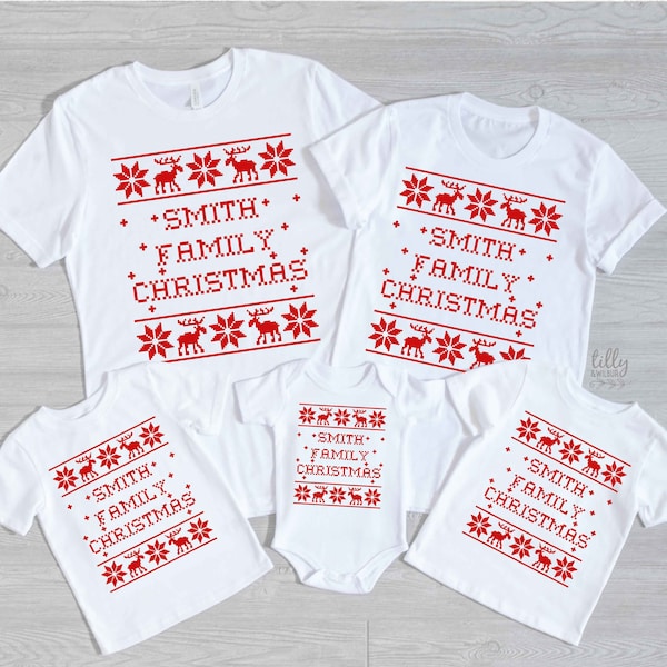 Personalised Christmas T-Shirts, Matching Family Christmas T-Shirts With Surname, Matching Christmas Shirts, Ugly Sweater Tees, Xmas Pajamas