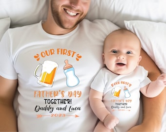 Our First Father's Day 2024 Baby Bodysuit And Dad T-Shirt With Names, Happy 1st Father's Day, Fathers Day Baby, First Fathers Day Baby Gift