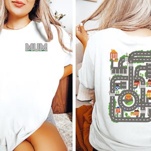 T-shirt autobaan, voor- en achterkant, auto's op moeders rug, grappig vaderdagcadeau, automoeder, voetbalmoeder, T-shirt rugmassage