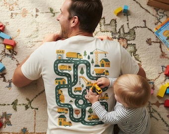 Dad's Car Track Shirt, Front And Back Print, Cars On Daddy's Back, Funny Fathers Day Gift, Construction Worker Gift