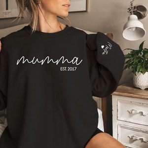 Mumma Sweatshirt With Date And Name On Sleeve, Mama Est Sweatshirt, Mothers Day Gift, Personalised Mum Gift, Mum Life Jumper, New Mum Gift image 1