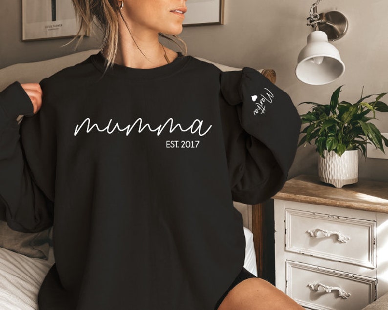 Mumma Sweatshirt With Date And Name On Sleeve, Mama Est Sweatshirt, Mothers Day Gift, Personalised Mum Gift, Mum Life Jumper, New Mum Gift image 1