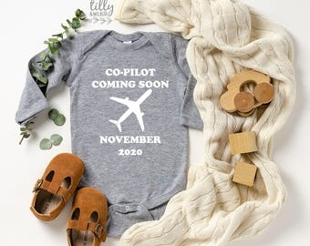 Co-Pilot Coming Soon With Due Date Pregnancy Announcement Bodysuit, Co-Pilot Bodysuit, Pilot Pregnancy Announcement, Pilot Baby Announcement