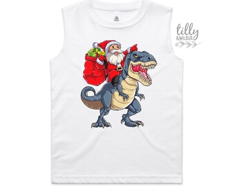 Dinosaur Santa Christmas Singlet, Dinosaur Santa Kid's Tank, Boy's Christmas T-Shirt, Christmas Boys Shirt Gift, Santa Riding T-Rex T-Shirt