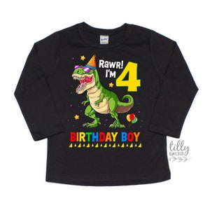Maglietta di compleanno con dinosauro, Rawr ho 4 anni, maglietta di buon compleanno con dinosauro, maglietta di compleanno per bambino con dinosauro, tema dinosauro per il 4° compleanno, regalo