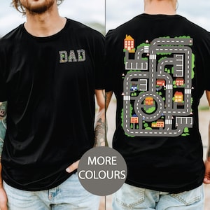 T-shirt papa's autobaan, print op voor- en achterkant, auto's op papa's rug, grappig vaderdagcadeau, vader racen, vader monteur, T-shirt rugmassage