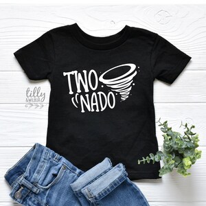 May include: Black t-shirt with white text that says "TWO-NADO" and a white tornado graphic.