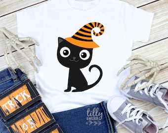 Halloween T-Shirt For Girls, Halloween T-Shirt With Cute Cat, Fancy Dress Shirt For Girls, Halloween Outfit, Girls Cat Shirt, Halloween Gift