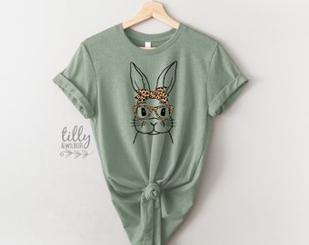 Easter T-Shirt For Women, Leopard Print Bunny Rabbit Print, Easter Bunny Shirt, Easter Egg Hunt, Easter Gift, Women's Easter T-Shirt Gift