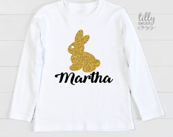 Personalised Easter Bunny T-Shirt, Personalised Easter T-Shirt, Easter Gift, Easter Outfit, Gold Glitter Bunny Rabbit T-Shirt For Girls