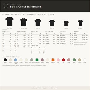 May include: A size and color information chart for Tilly & Wilbur garments. The chart displays garment styles, including tees, bodysuits, and rompers, with detailed measurement tables in centimeters and a row of circular color swatches below.