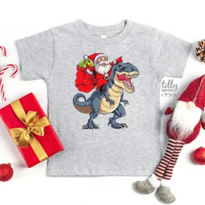 Christmas T-Shirt for Boys, Dinosaur Santa Kid&#39;s T-Shirt, Boy&#39;s Christmas T-Shirt, Christmas Boy&#39;s T-Shirt, Dinosaur Santa Christmas T-Shirt