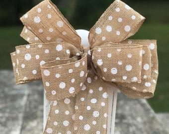 Farmhouse Beige and White Bow for Wreath Attachment, Rustic Burlap Bow, Lantern Topper for Fall or Christmas, Neutral Bow,