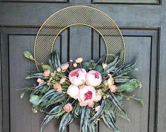 Minimalist Modern Floral Hoop Wreath, Hoop Wreath with Eucalyptus, Peony and Rose Wedding Decor, Luxe Modern Hoop Wreath, Nursery Decor
