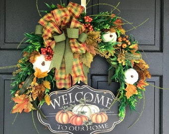 Fall Welcome Wreath with White Pumpkins for Front Door, Welcome To Our Home Wreath,  Front Porch Fall Decor, Fall Wreath with Pumpkins