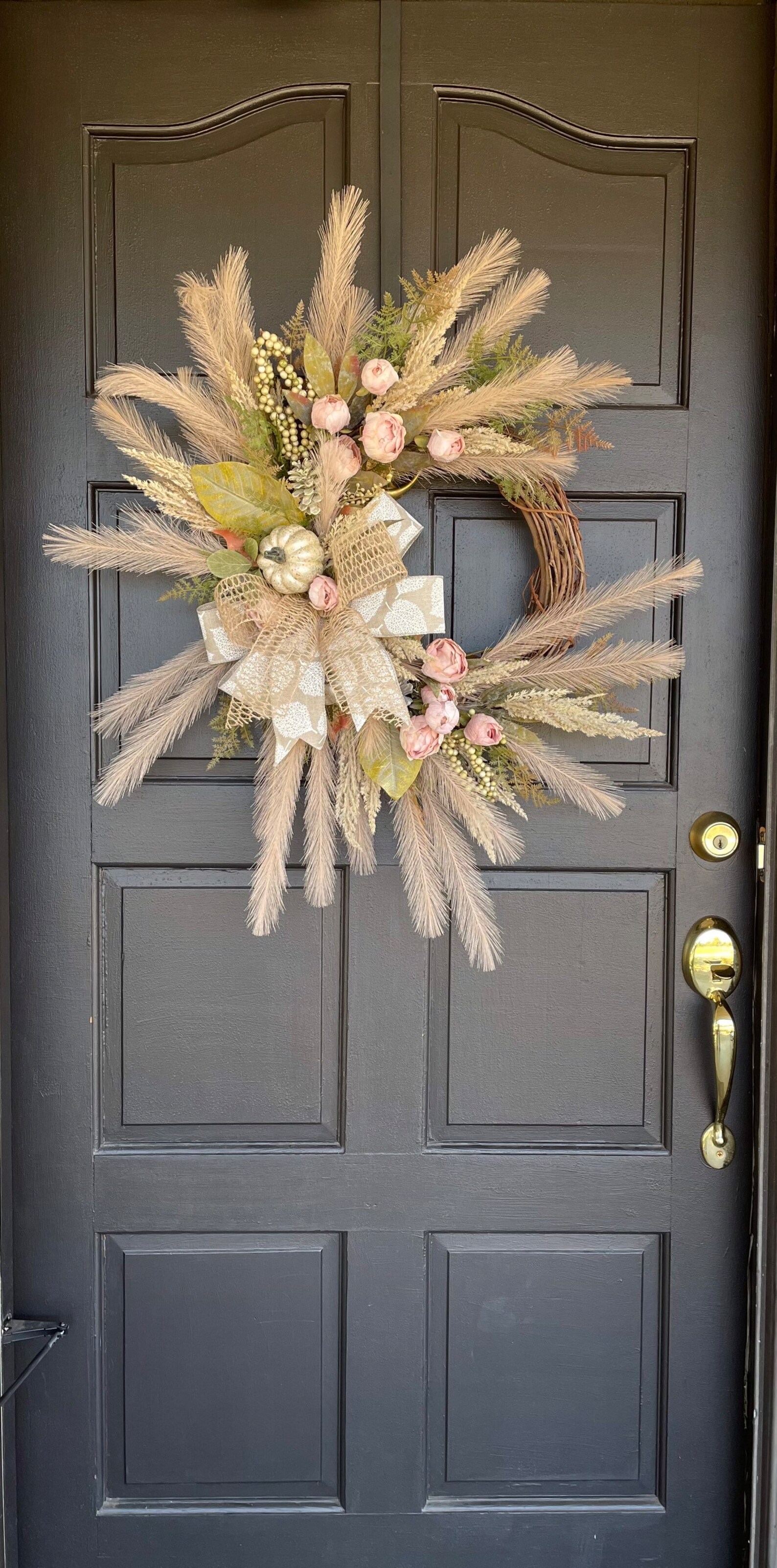 Neutral Boho Chic Fall Wreath With Pampas Grass and Pumpkins, Fall ...