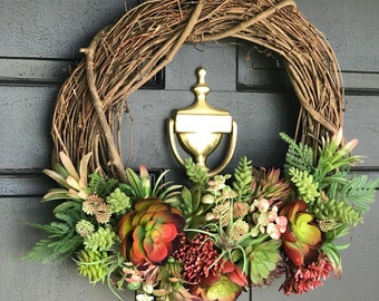 Faux Succulent Grapevine Wreath,  Minimalist Round Succulent Wreath, Faux Succulent Wall Art,  All Season Wreath for Front Door