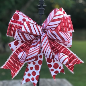 Red and White Bow for Wreath Attachment,Christmas Bow for Lantern, Bow For Porch Light or Mailbox, Christmas Wreath Bow, Holiday Basket Bow.