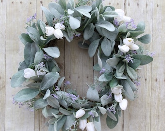 Lamb's Ear Wreath with Lavender and Tulip Spring Wreath for Wedding, Tulip Wreath for Front Door, Greenery Wreath, Farmhouse Wreath,