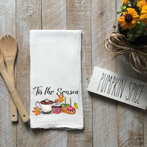 Fall Flour Sack Dish Towel,  Decorative Kitchen Towel with Candy Apples Cupcakes and Pumpkin Spice, Farmhouse Kitchen Decor