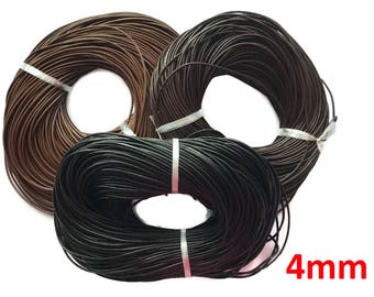 4mm Genuine Leather Cord, Round, Black, Brown Leather (P)