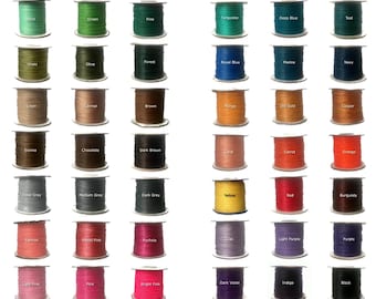 May include: A collection of colorful spools of thread, each labeled with a different color name. The thread colors range from light green to dark brown, with shades of blue, pink, and yellow. The spools are neatly arranged, showcasing a variety of hues.