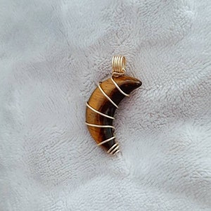 18K Gold Filled Tiger&#39;s Eye Moon Necklace - Wire Wrapped Tiger&#39;s Eye Crescent Pendant - Moon Shaped Pendant - Dainty Crescent Necklace