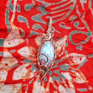 Copper Wire Wrapped Flashy Moonstone Statement Talisman Amulet Majestic Inspired Pendant Necklace - June Birthstone Jewelry - Swirl Elegant