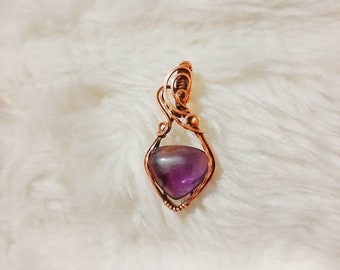 Antique Oxidized Copper Amethyst Necklace - Wire Wrapped Triangular Amethyst Pendant - Dainty Swirly Necklace - Healing Crystal Jewelry